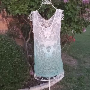Rachael & Chloe Women's Large Gorgeous Detailed Cream Fading to Teal Lace Top